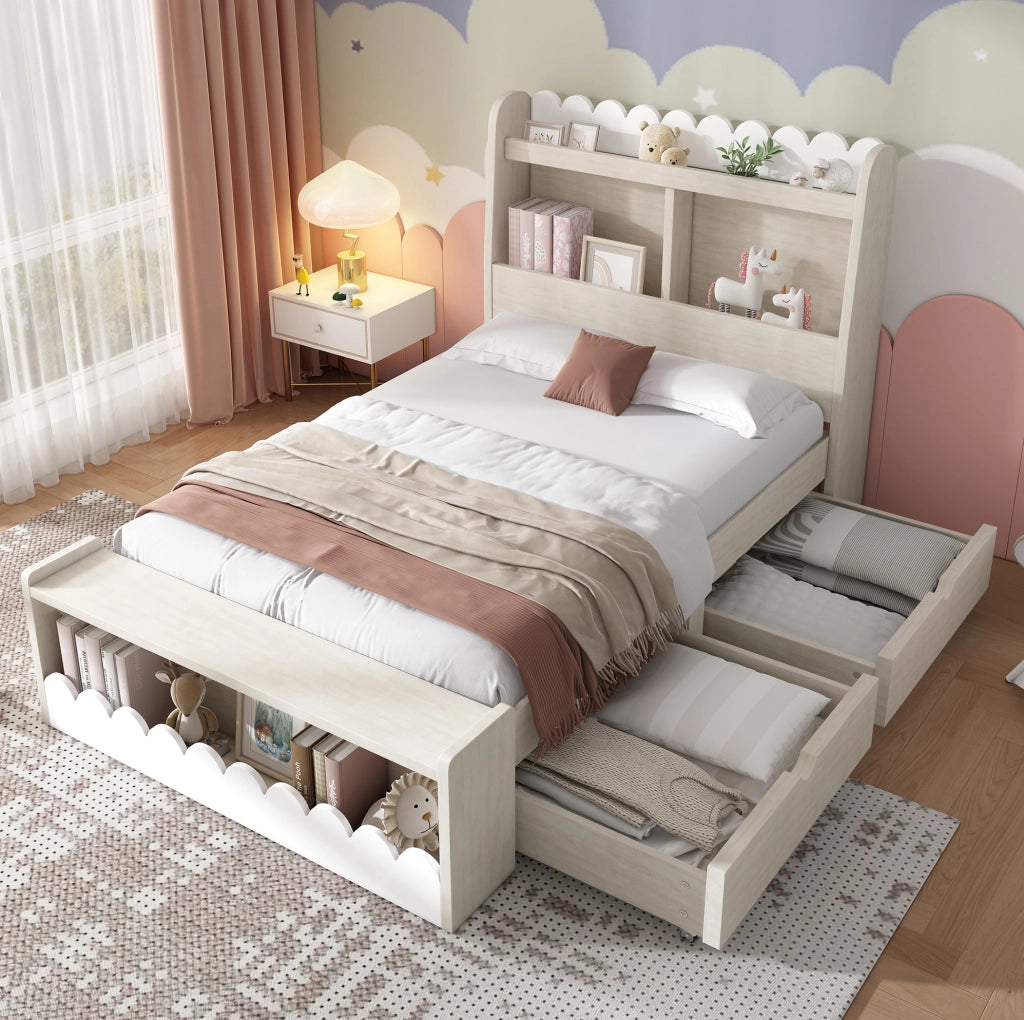 Letto singolo per bambini 90x190 cm con cassetti, ripiani e rete, bianco e rovere chiaro
