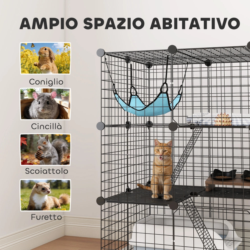 Gabbia per Gatti Recinto Personalizzabile 3 Livelli, 105cm, Nero