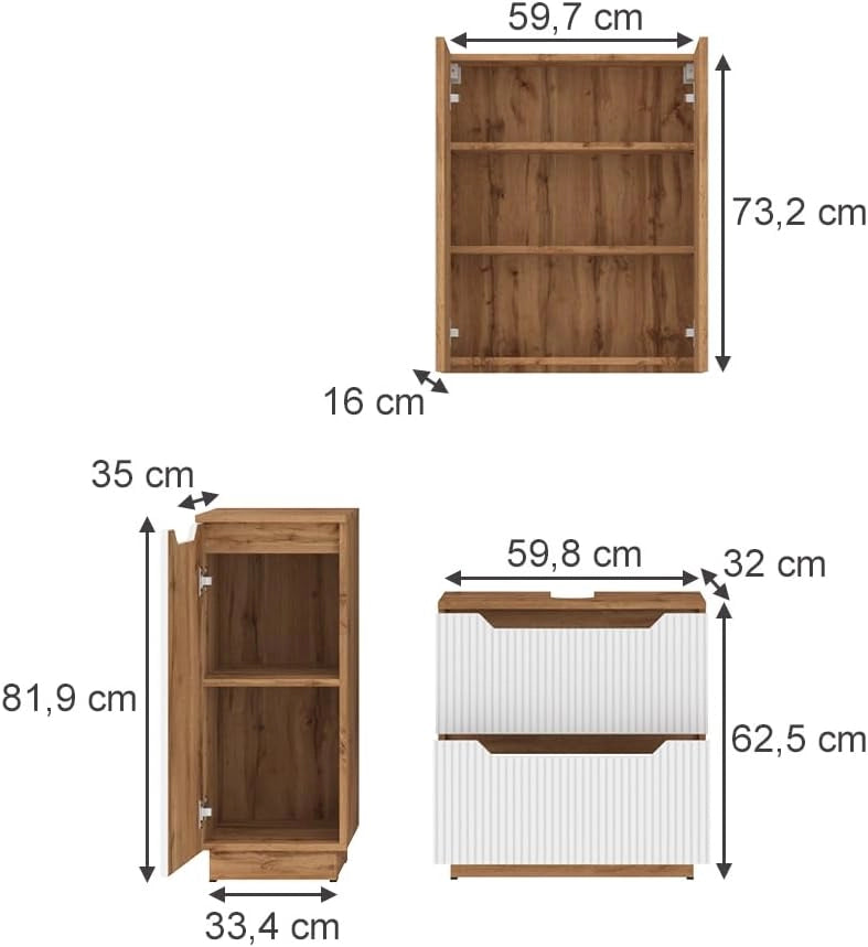 Set di mobili da bagno Lotta, Bianco, 58.9 cm, composto da mobile sottolavabo, specchiera e mobile medio