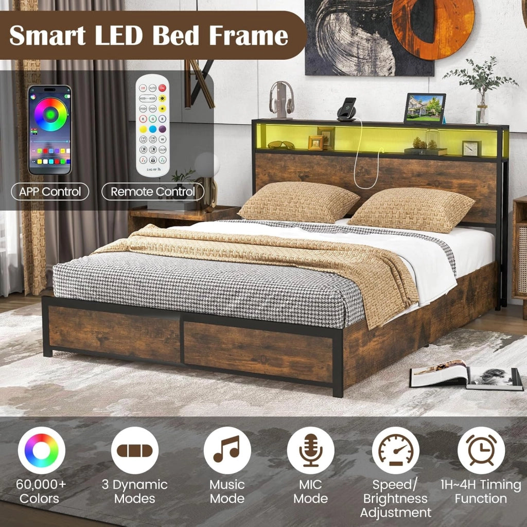 Struttura letto 160 x 200 cm con LED, telaio in metallo, letto con stazione di ricarica, letto per armadio, 4 cassetti da pavimento, letto matrimoniale con testiera e rete a doghe, telaio del