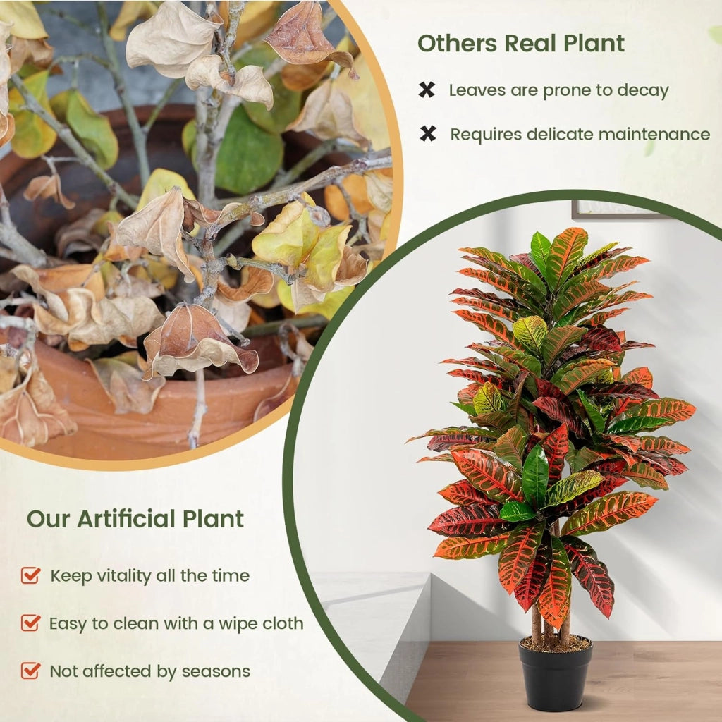 Pianta artificiale di Crotone, albero di imitazione con foglie lussureggianti colorate e vaso pieno di cemento, albero falso tropicale con tronco naturale, per decorazione casa, ufficio, hotel
