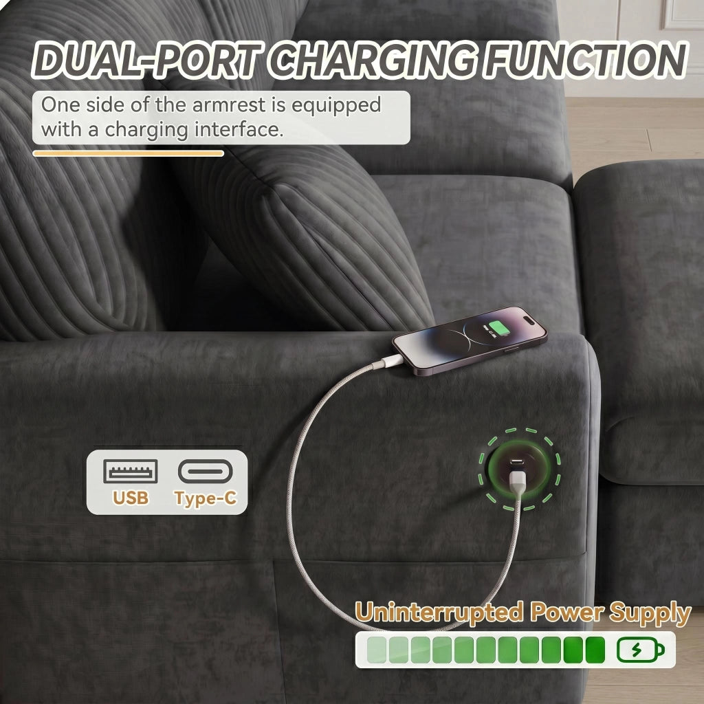 Divano Convertibile con 1 Porta USB, 1 Porta Type-C, Pouf, 2 Cuscini, in Chenille e Velluto a Coste, Grigio