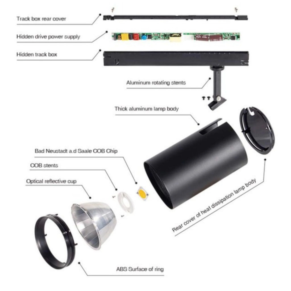 2 Kit Fari LED Binario Trifase 30W 4000LM, Corpo Nero Luce 3000K, CRI>90 UGR<19 Angolo 120°, D85X128mm, Driver Alimentatore a Scomparsa Lunga 289mm CB58130BC