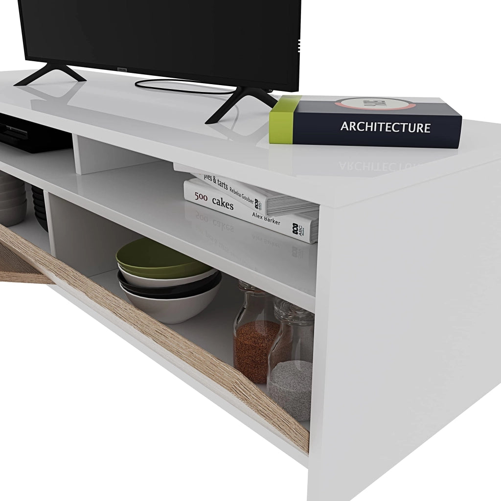 Mobile Soggiorno Porta Tv Moderno Parete Attrezzata Con 2 Ante E 2 Vani A Giorno Mobiletto Salvaspazio Da Terra Per Televisione Soggiorno Salotto Camera Da Letto 130 x 40 x 35 Cm Bianco E Rovere