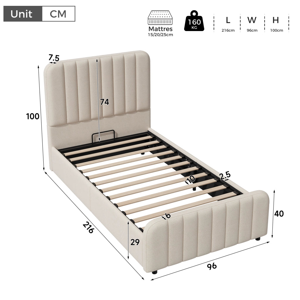 LETTO singolo 90x200 cm con contenitore idraulico, beige, lino, senza materasso