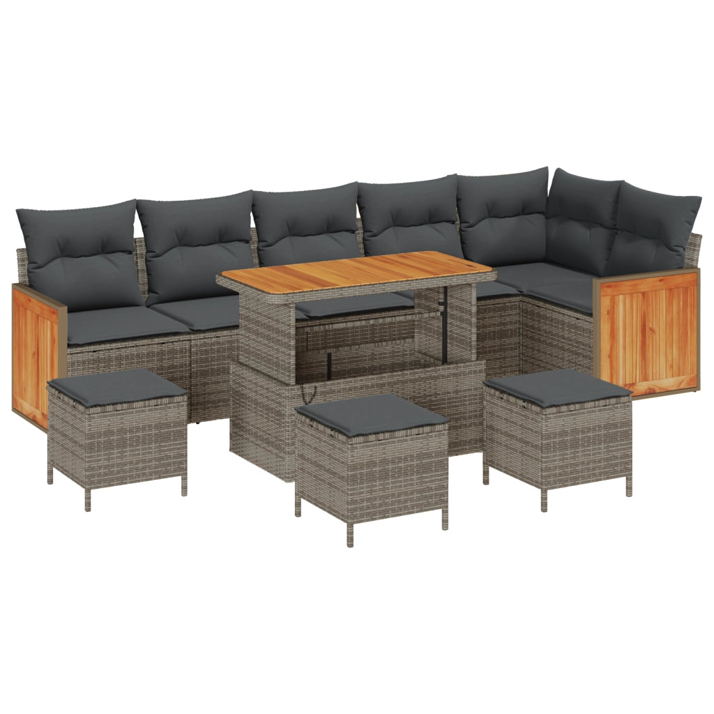 Set di Divani da Giardino 10 Pezzi con Cuscini Grigio Polyrattan Acacia