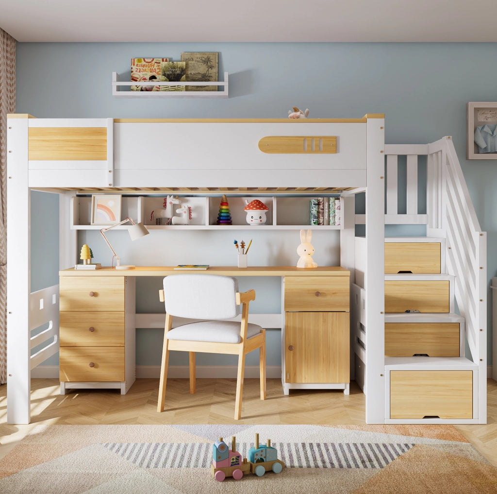 Letto a soppalco 90 x 200 cm con scrivania, scala contenitore e ripiani