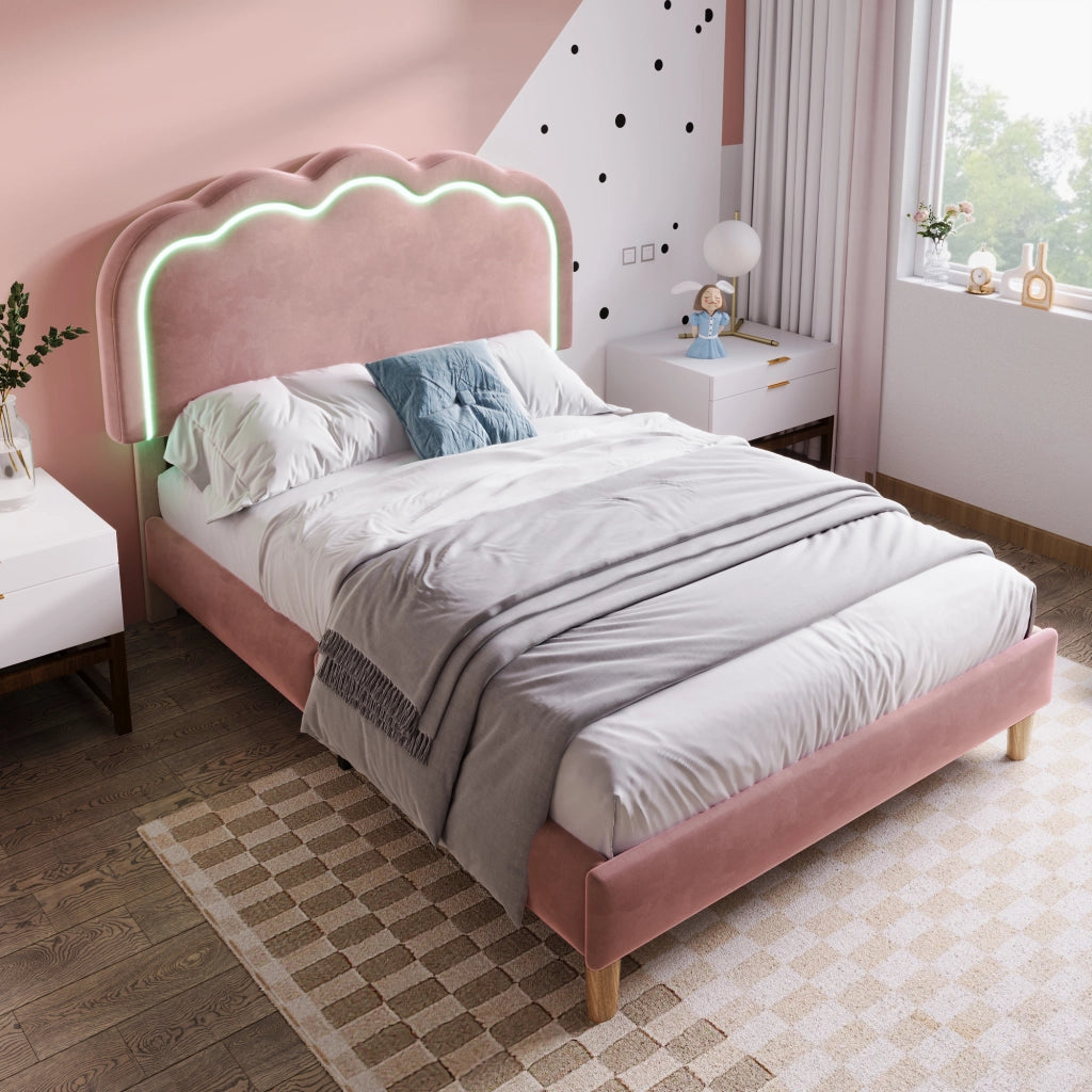 LETTO LED 90x190 cm in velluto rosa con testiera regolabile