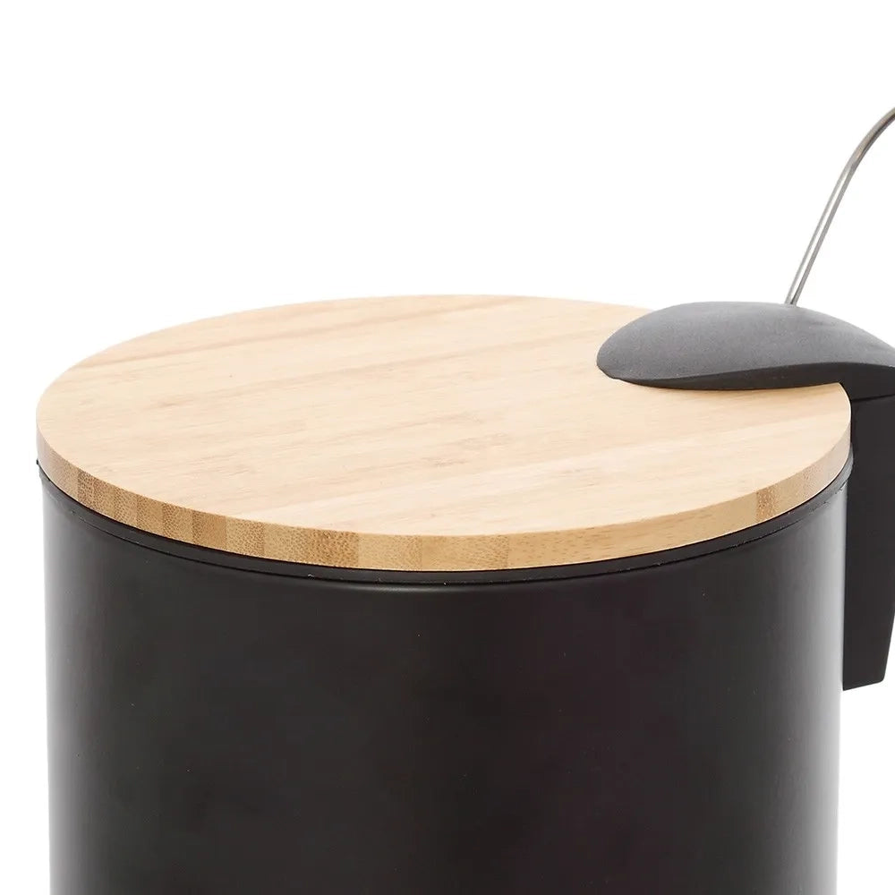 Pattumiera bagno con pedale in acciaio nero opaco e bambù 3 Lt Haiti