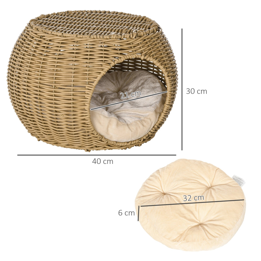 Cesta per Gatti a 2 Livelli ¨C zephmum ¨C Resina Effetto Rattan con Cuscino Marrone Chiaro ?40x30cm