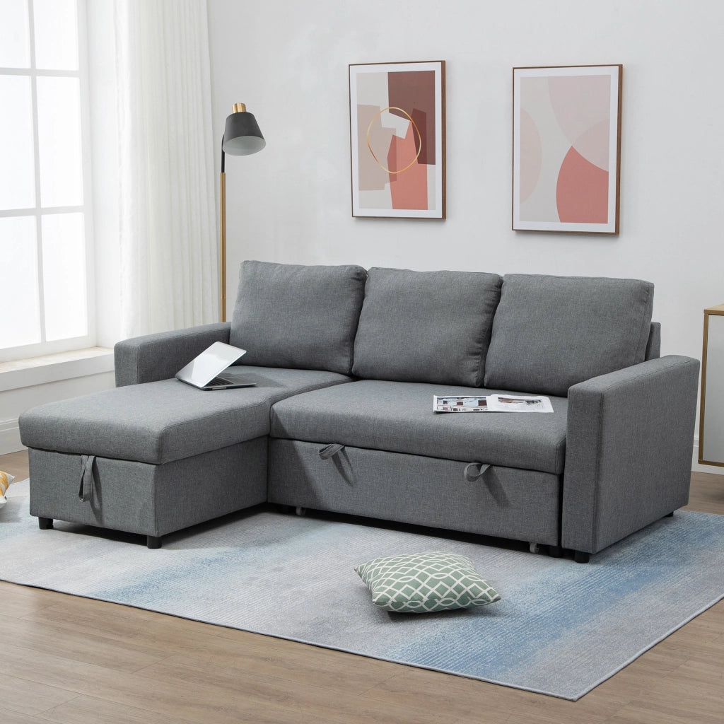EasyComfort Divano Letto 3 Posti e Penisola con Contenitore, Rivestimento Tessuto Effetto Lino, 211.5x146x85cm