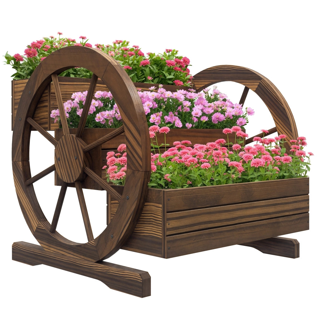 Fioriera da Esterno a 3 Livelli con Ruote Decorative in Legno di Abete Carbonizzato, 62x61x57 cm