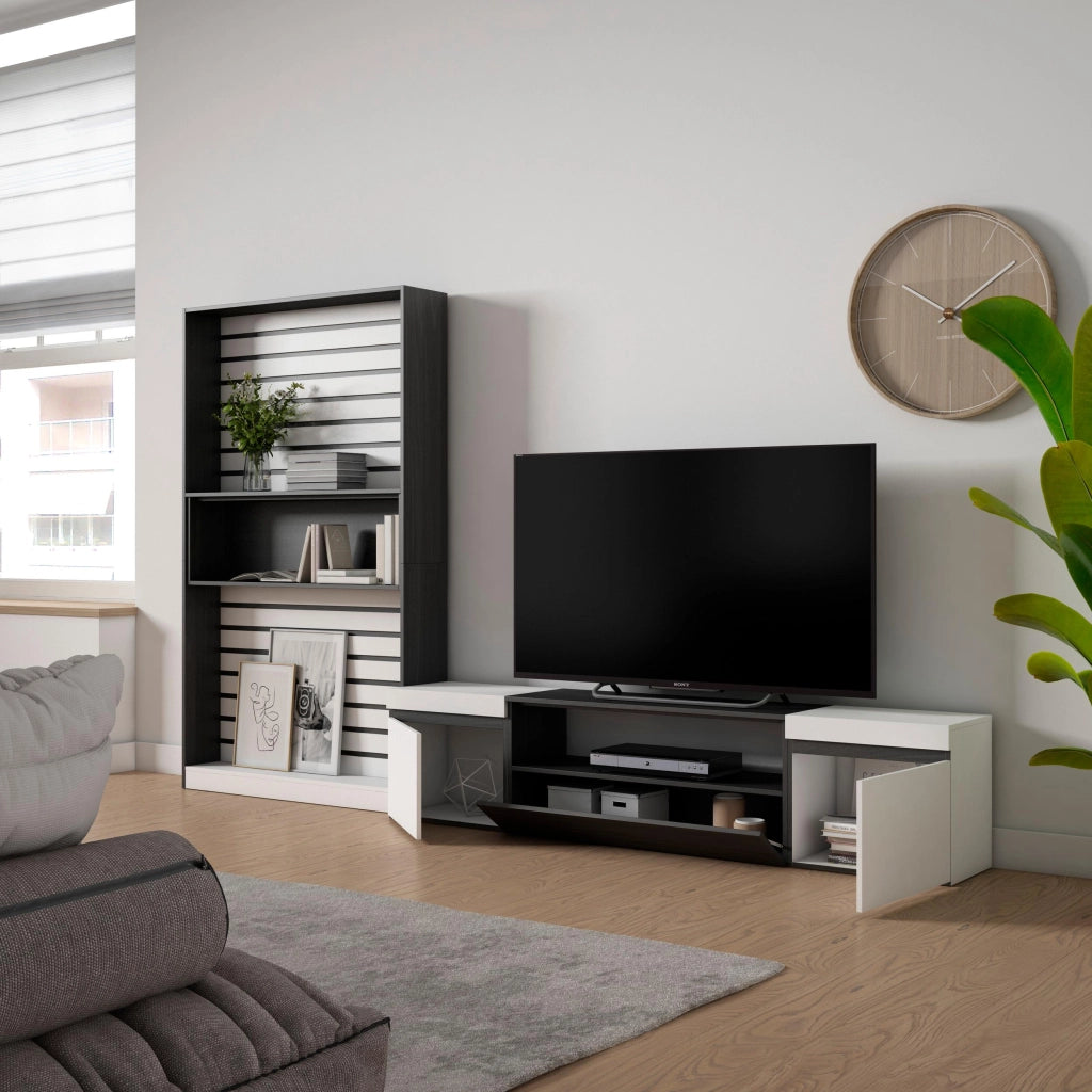 Mobile TV, Soggiorno, 310x35x186cm, Per TV fino a 80", Set di mobili, Bianco e nero RF2842