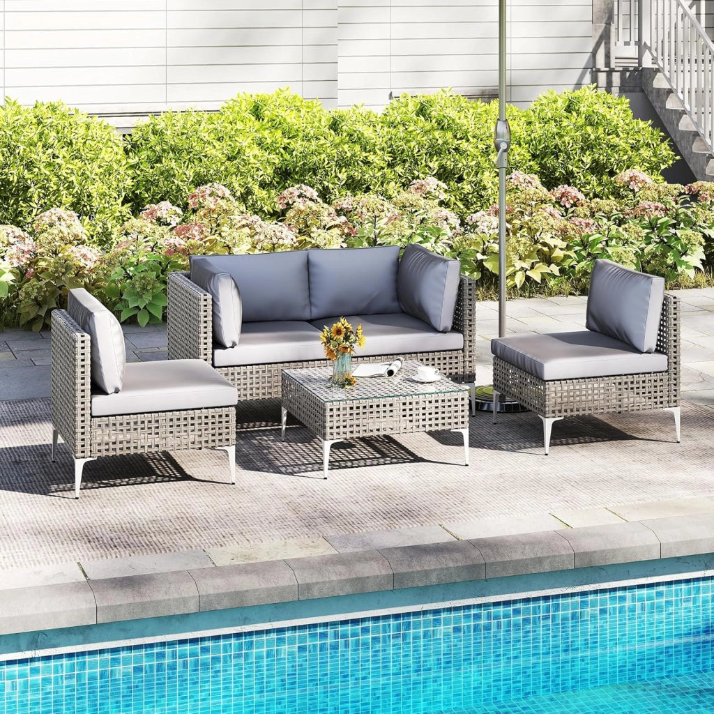 Set di mobili da giardino in rattan, 5 pezzi, cuscini rimovibili e schienale ergonomico, tavolino in vetro temperato, set di mobili da esterno per cortile, terrazza, giardino, carico 180 kg