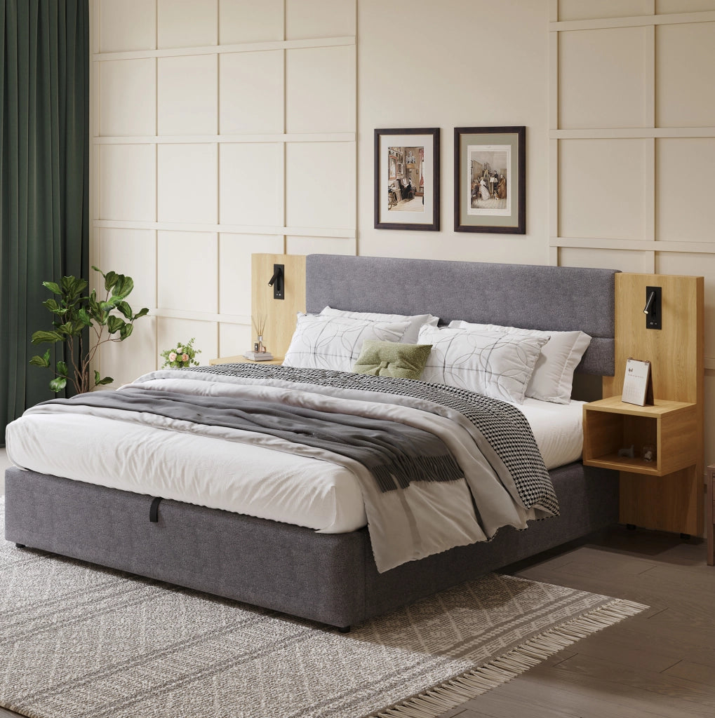 Letto matrimoniale 180x200 cm con contenitore; 2 comodini; USB e luci; in velluto grigio e naturale