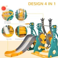 Scivolo 3 in 1 per Bambini con Altalena Regolabile, Canestro e Palle per Cameretta e Giardino, 152x149x107cm, Blu, Grigio, Giallo