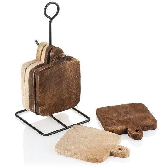 Set di sottopanchine in legno reale con supporto - sottopanchine per tazze e bicchieri - protettori di tavolo per bicchieri con supporto in metallo (6 pezzi - legno reale)