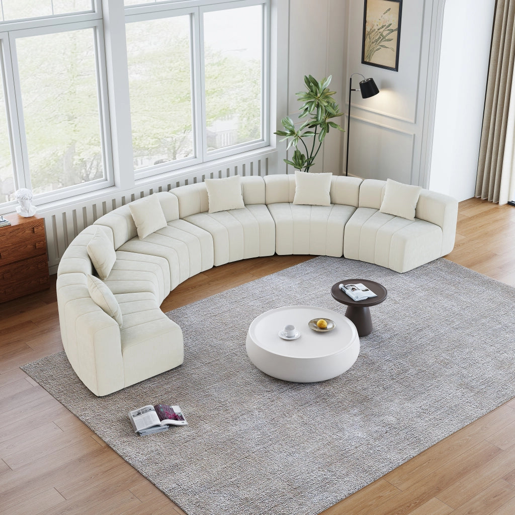 DIVANO MODULARE CURVO A 6 POSTI Beige in Chenille con 2 cuscini