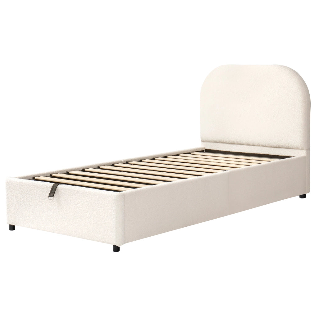 Letto singolo per bambini 90x200 cm con contenitore idraulico; testiera imbottita; bouclé beige