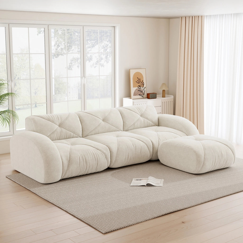 Divano modulare angolare senza montaggio per soggiorno con poggiapiedi in ciniglia beige chiaro 281 × 171 × 76 cm