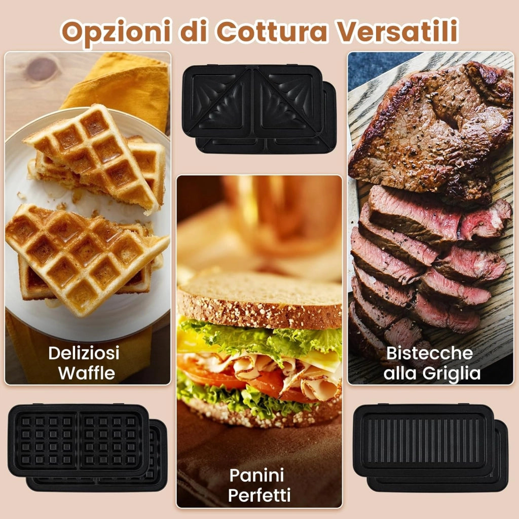 3 in 1 Tostapane Piastra, Griglia Elettrica Rimovibile 1200W, con Spie Indicatrici e Manico Cool Touch, Riscaldamento Bifacciale con 5 Livelli di Temperatura, Piastra Antiaderente, 29x31 cm