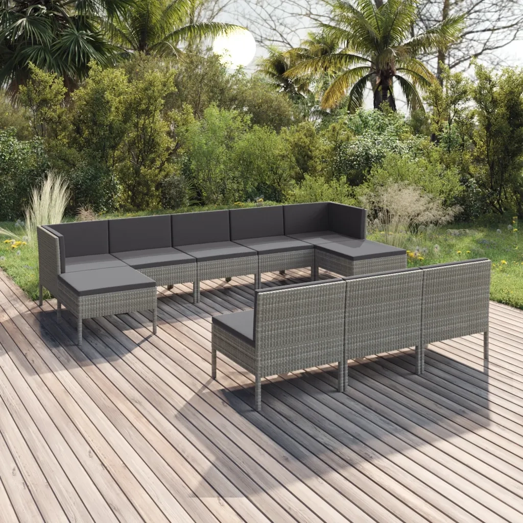 Set Divani da Giardino 10 pz con Cuscini in Polyrattan Grigio 3094570