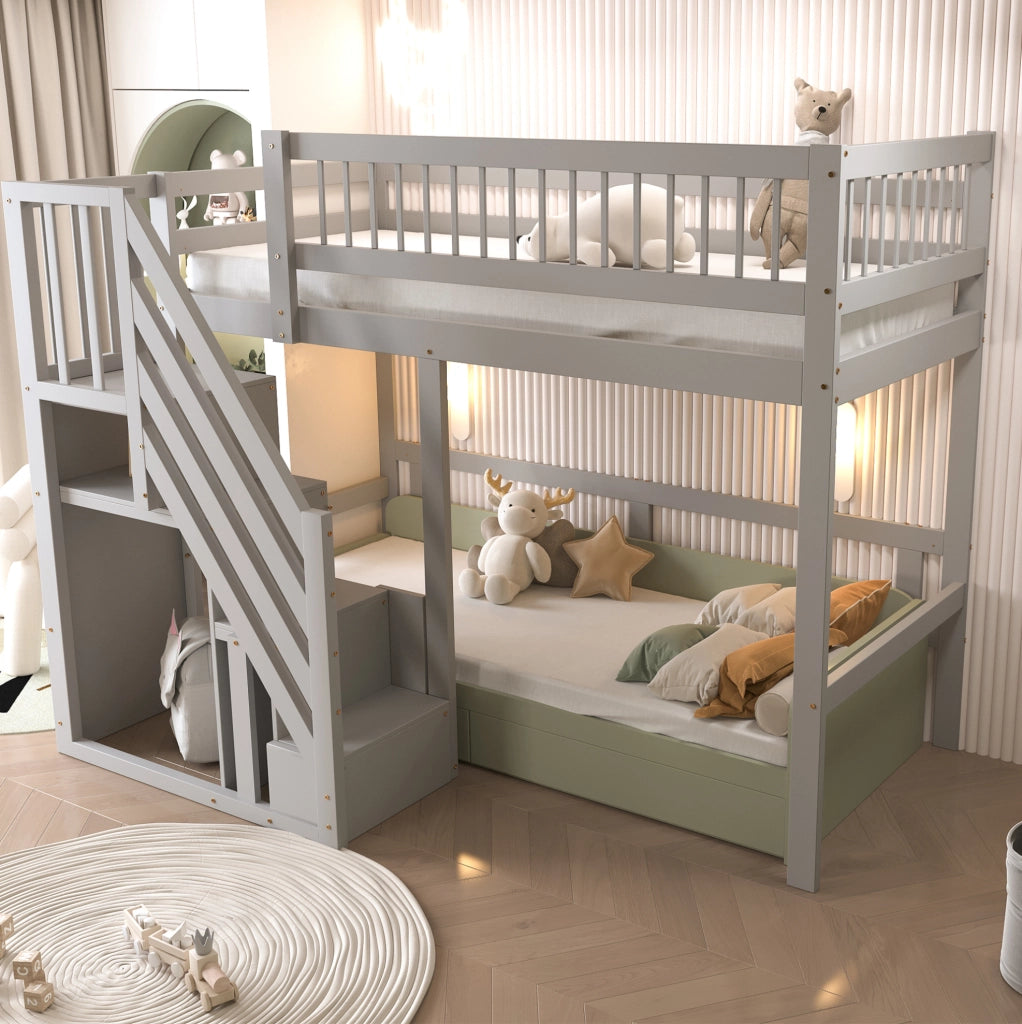 Letto a soppalco 90x200 cm con scala portaoggetti in legno grigio