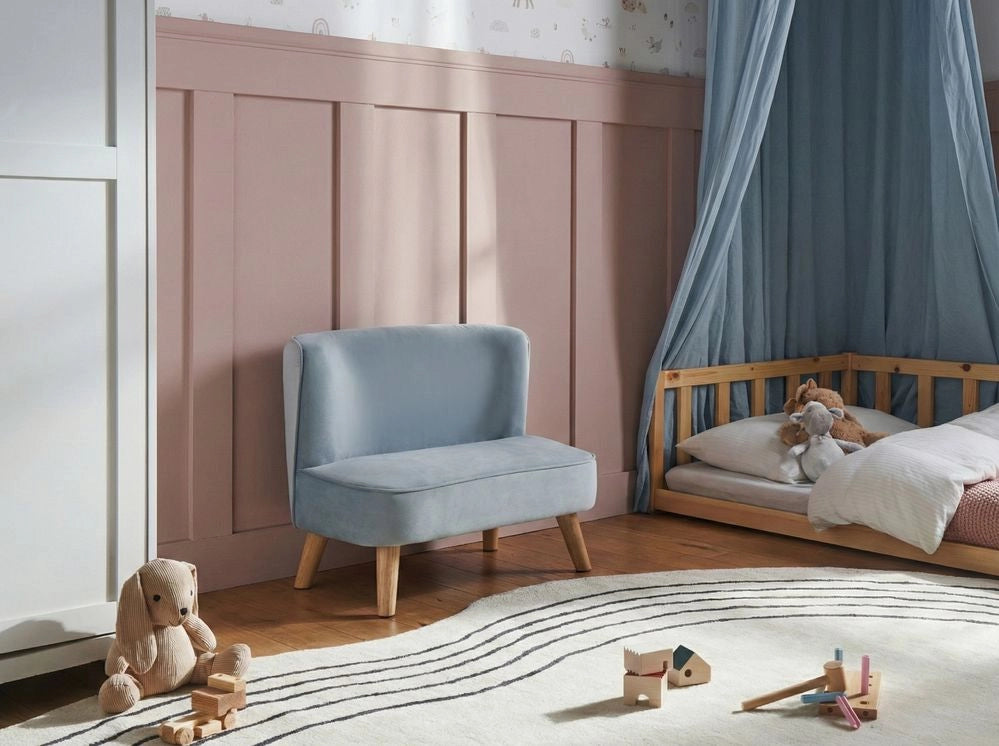 Divano per bambini rivestito in velluto senza braccioli azzurro per bambini piccoli stile moderno
