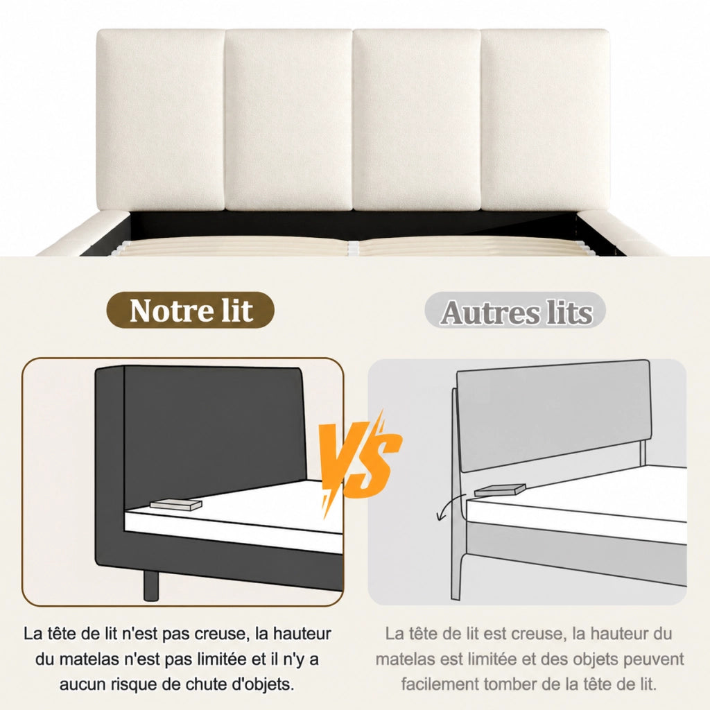 Letto matrimoniale 160 × 200 cm con testiera imbottita e struttura a incasso, senza materasso, in bouclé beige