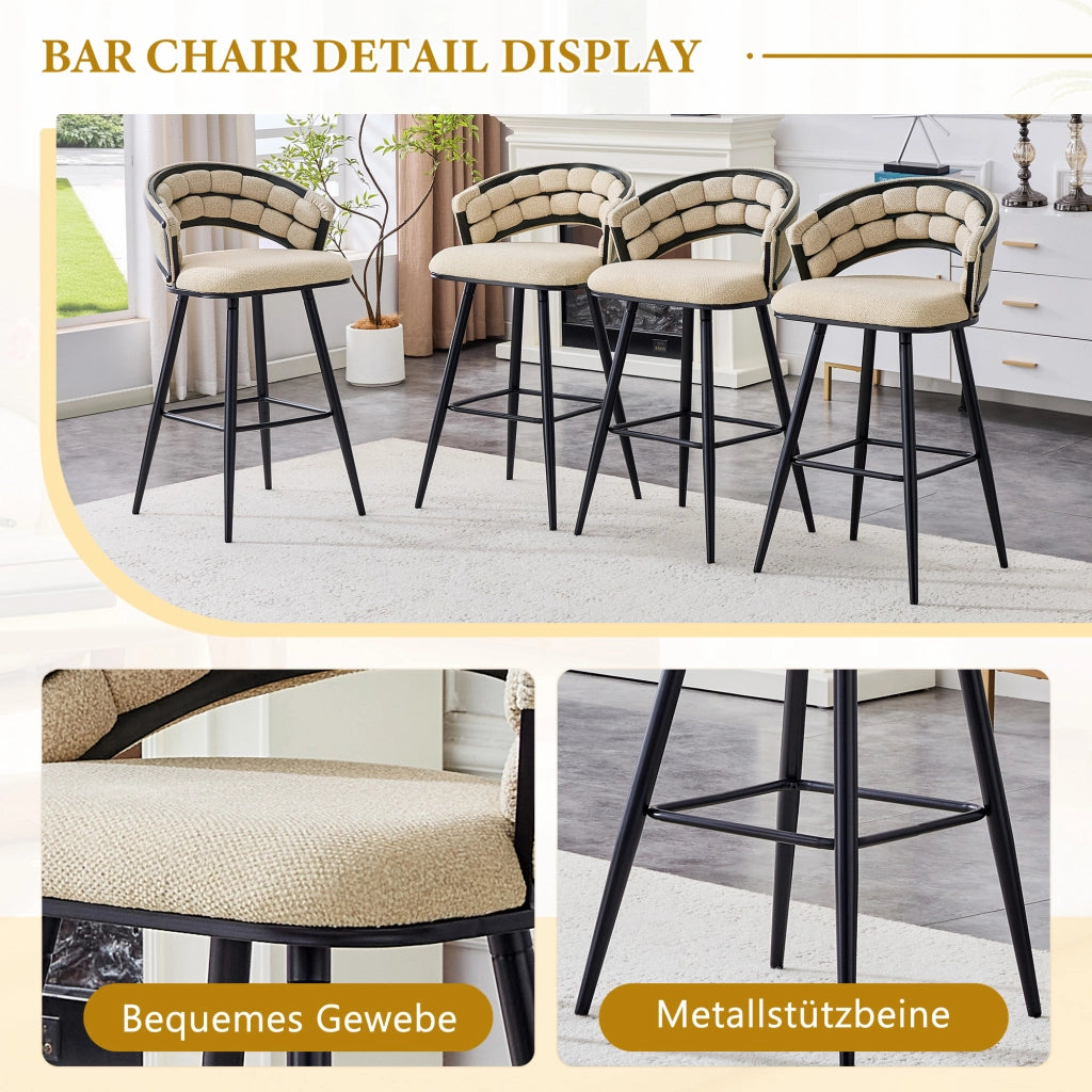 Sgabello da bar in velluto con schienale intrecciato e poggiapiedi, struttura in metallo beige nero 71 × 61 × 37 cm