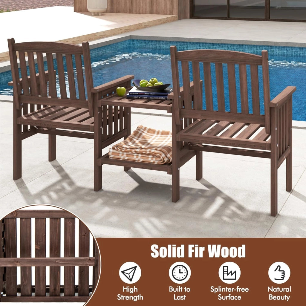 Set da giardino 3 pezzi, 2 persone, set da giardino con sedie a doghe, tavolino a 2 livelli, foro per ombrellone da 5 cm, per balcone, terrazza, giardino (marrone)