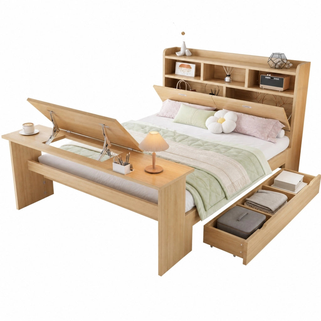 Letto con Cassetti 140 x 200 cm - Testiera con Mensole; Tavolo Pieghevole e Cassetto