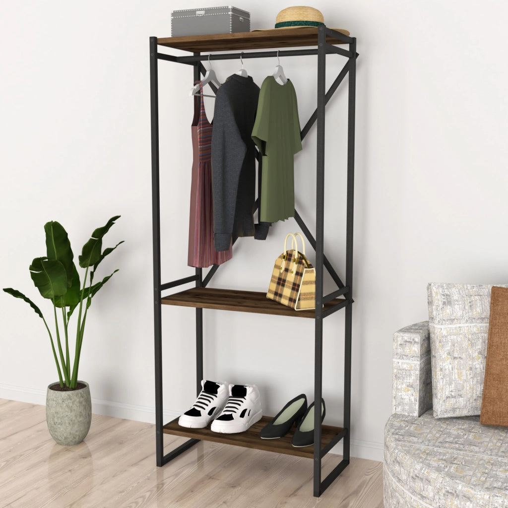 Stand Appendiabiti 'Ulstein' Organizzatore Guardaroba con Barra Variabile e 3 Ripiani - Effetto Rovere Antico [en.casa]