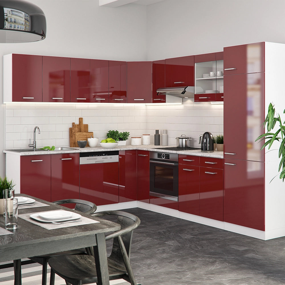 Cucina angolare completa R-Line Rosso lucido/Bianco 287 x 227 cm, PL Rovere Vicco