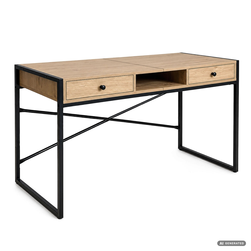 Scrivania industriale per computer Rovere Artisan ELONIS 123 cm 2 cassetti 1 ripiano gambe nere