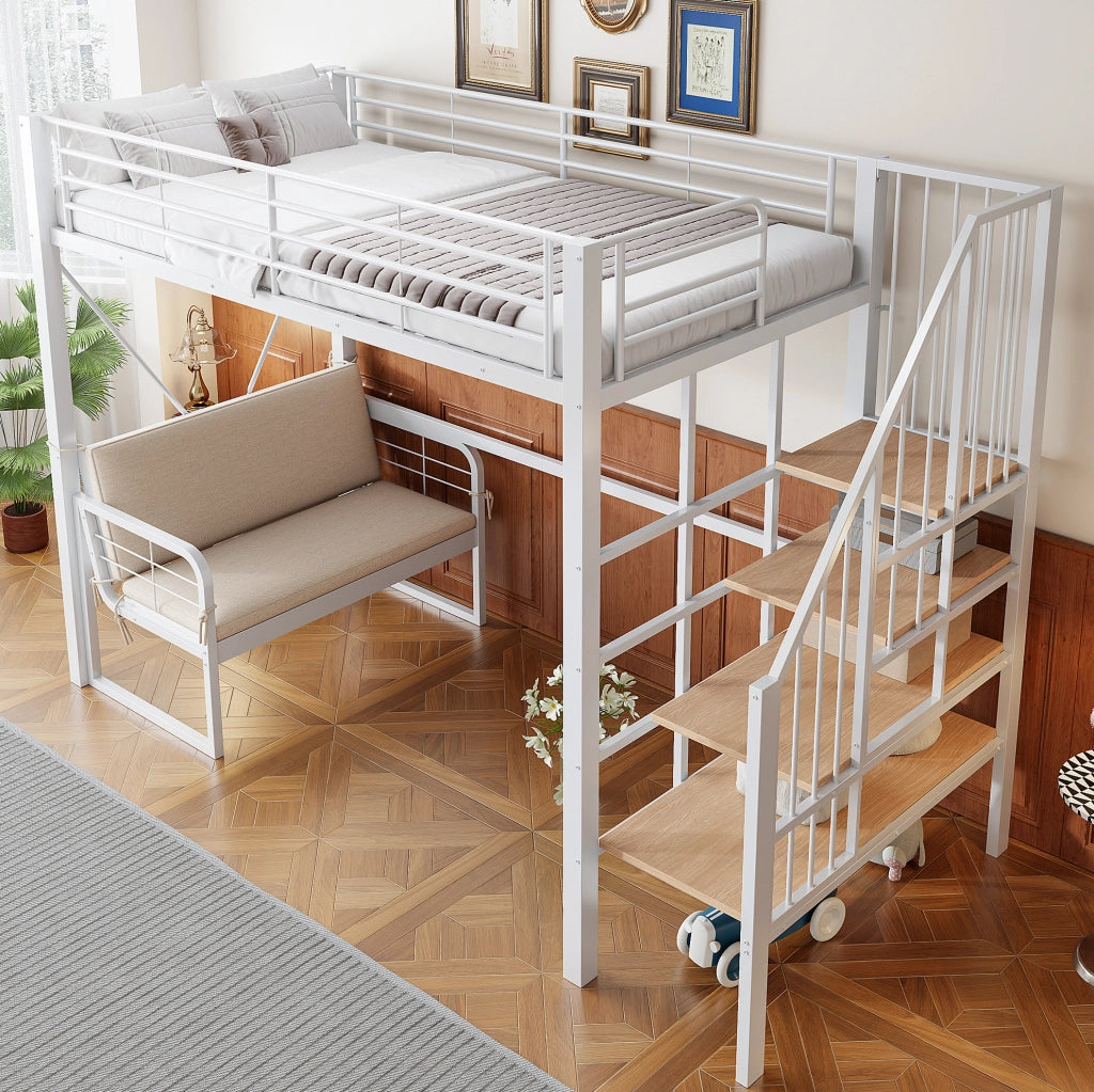 Letto a castello 90x200 cm in metallo e MDF bianco con divano imbottito; scala contenitore