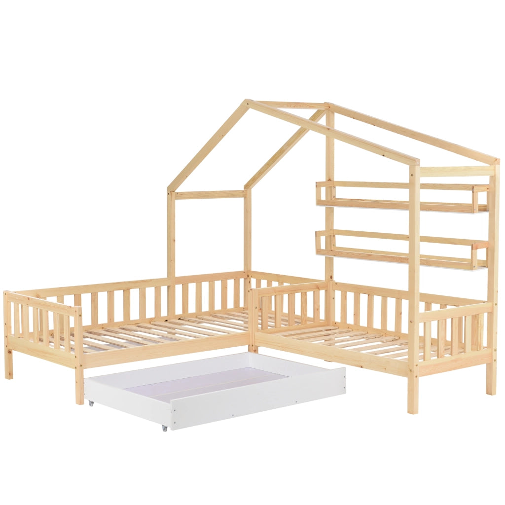 Letto Casetta 90x200 cm e 140x70 cm - Cassetto e Mensole - in Legno Massello Naturale