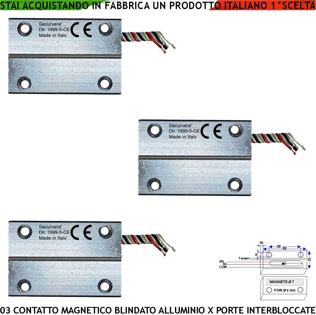 Contatto Magnetico Blindato Porta Ferro Interbloccata Posizione Aperta o Chiusa 3 Pezzi Sensore Reed Antifurto Campo 20 mm 5 Fili 3 Scambio C.NC.NA 2 Tamper Max 30 V 10 W Fissaggio Tramite Fori IP65