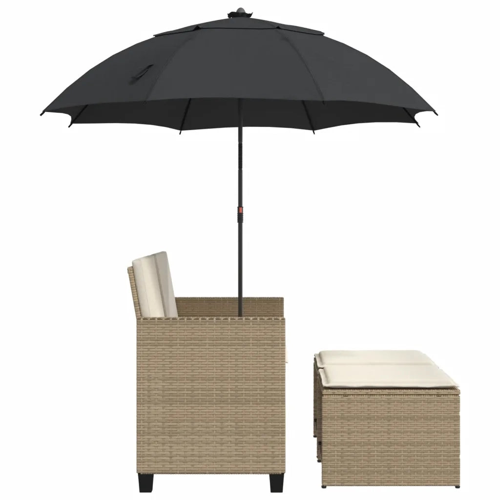Divano Giardino 2Posti Ombrellone e Sgabelli Beige Polyrattan 365886