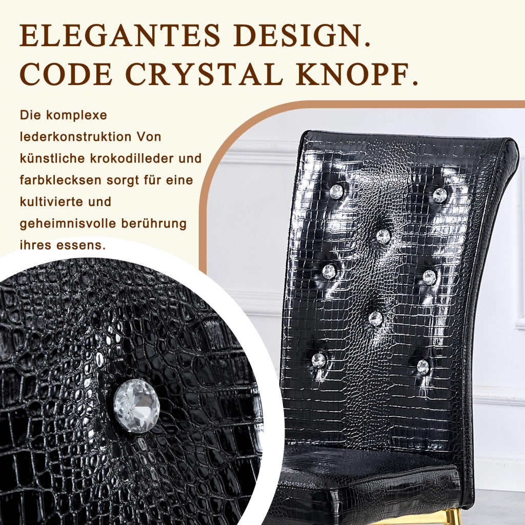 Set di 2 sedie da pranzo con design effetto coccodrillo e dettagli in cristallo in PVC nero e oro