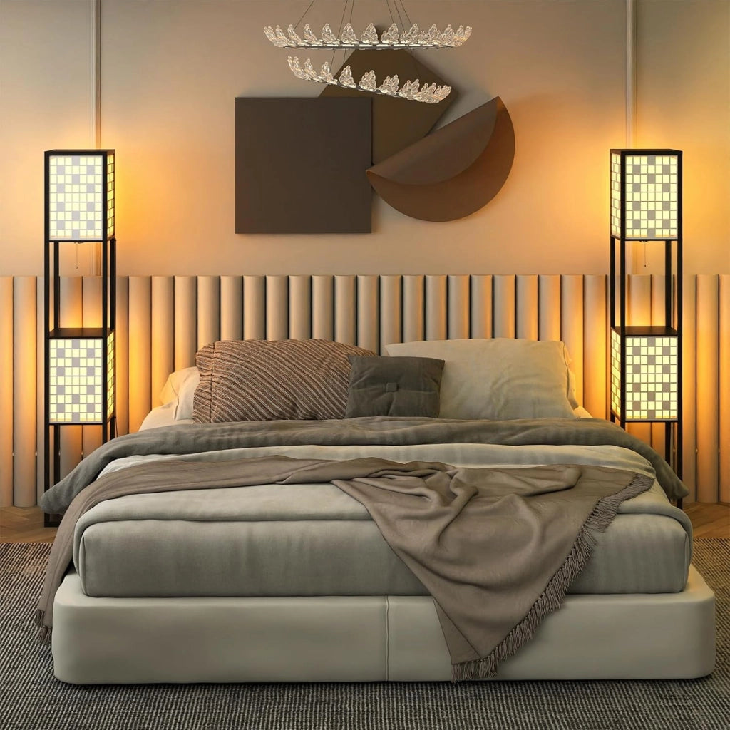 Lampada da Terra a 2 Luci con Mensole, Lampada a Stelo con 2 Paralumi Traforati, Catena a Strappo e Interruttore a Pedale, Richiede Lampadine E27, per Salotto e Camera da Letto (Quadrati)