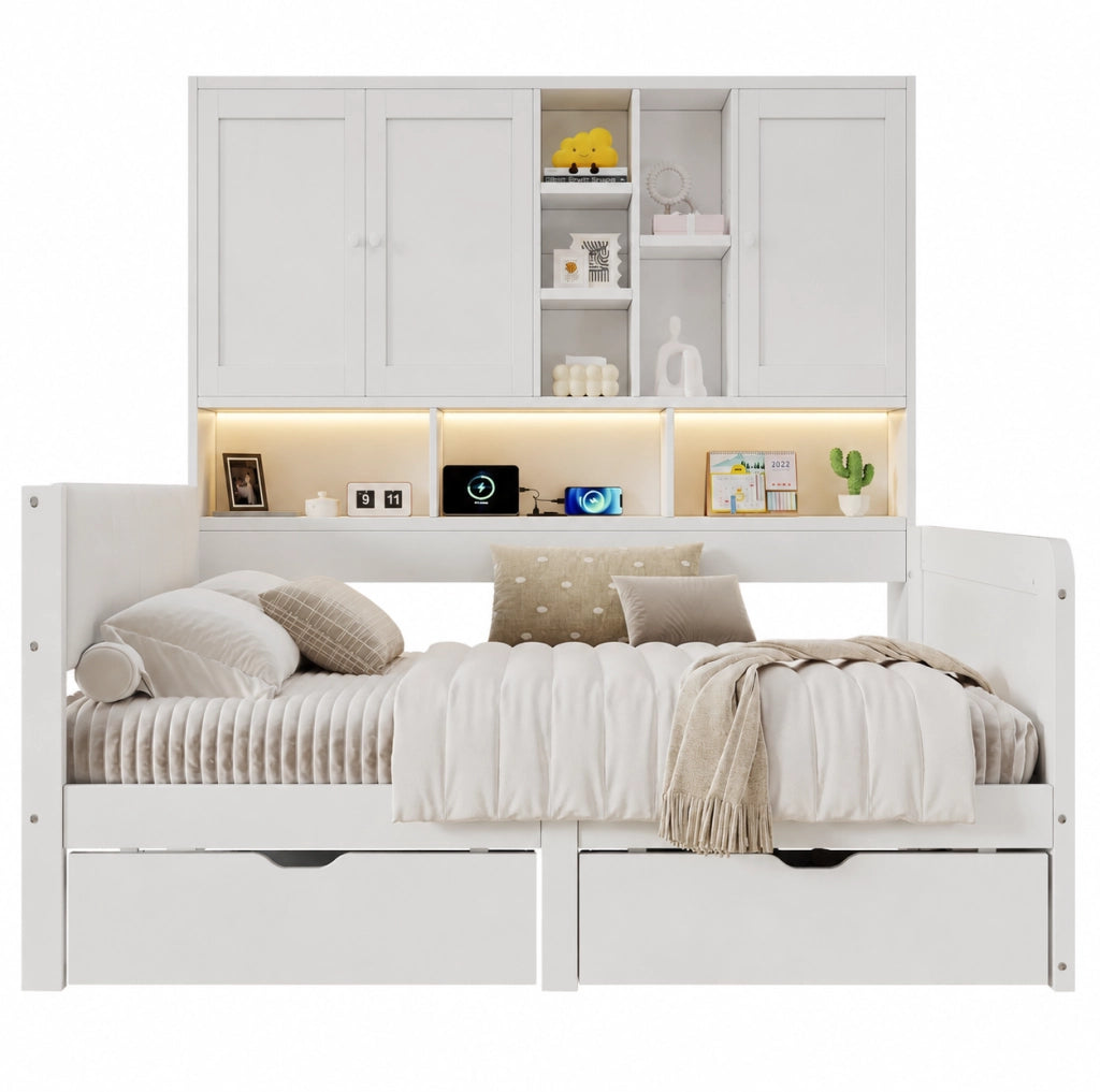 Letto singolo 90x200 cm con contenitore; LED; prese USB e testiera in PU bianco