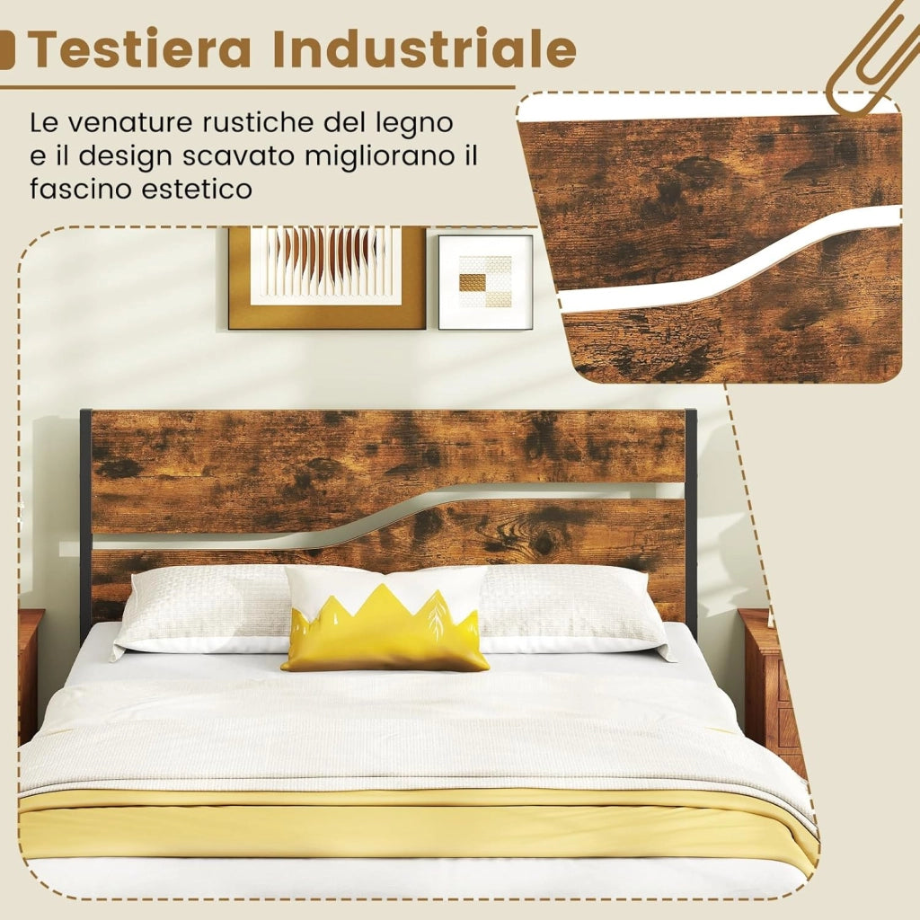 Letto Matrimoniale 140 x 200 cm, Struttura Letto in Metallo Industriale con Testiera e Pediera in Legno, Silenzioso, Carico Massimo 360 kg