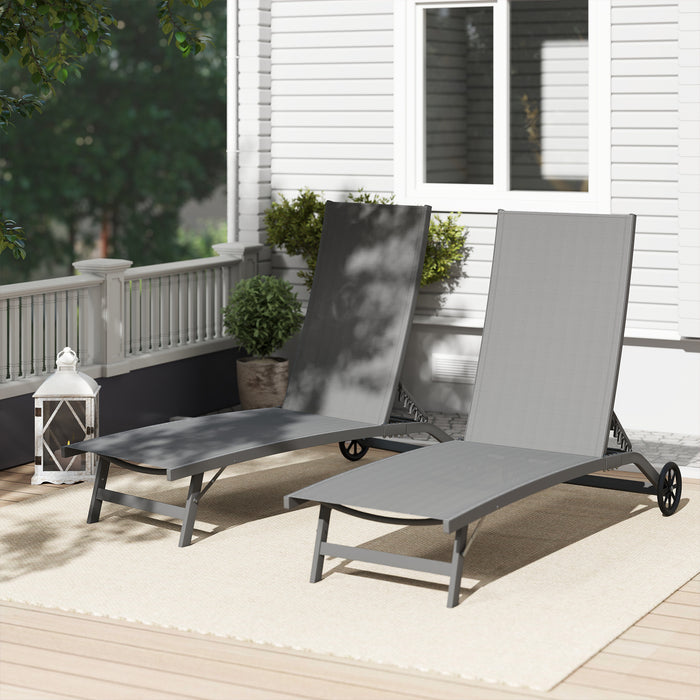 Set 2 Lettini Prendisole 66x165x102 cm con Schienale Reclinabile in Alluminio e Tessuto Traspirante Grigio Scuro