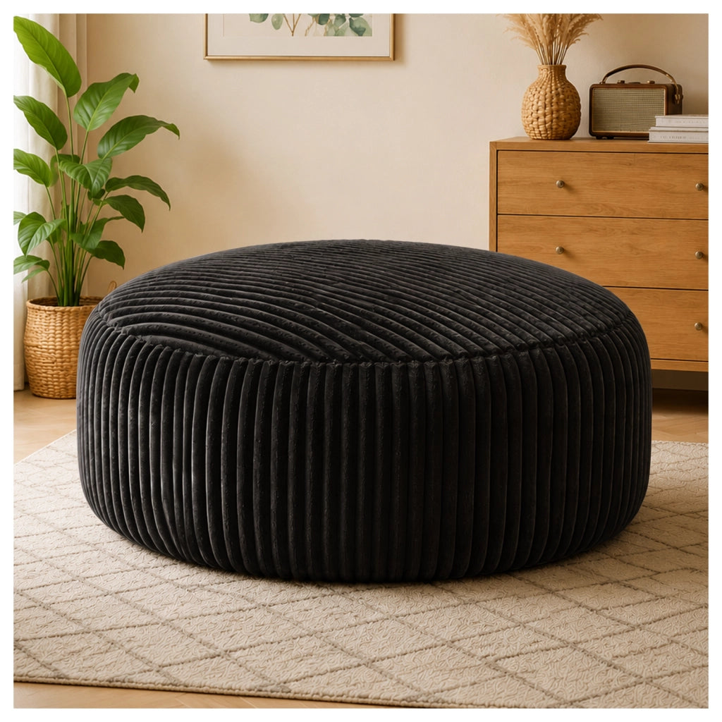 Poltrona pouf rotonda - con imbottitura ad alta resilienza - in velluto a coste - nero