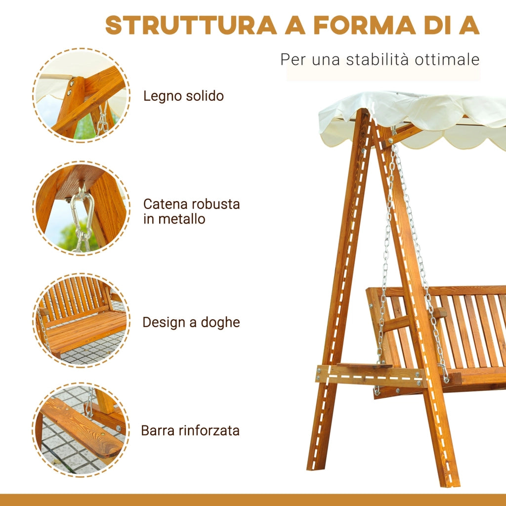 Dondolo da Giardino 2 Posti in Legno di Pino con Tettuccio Parasole Bianco
