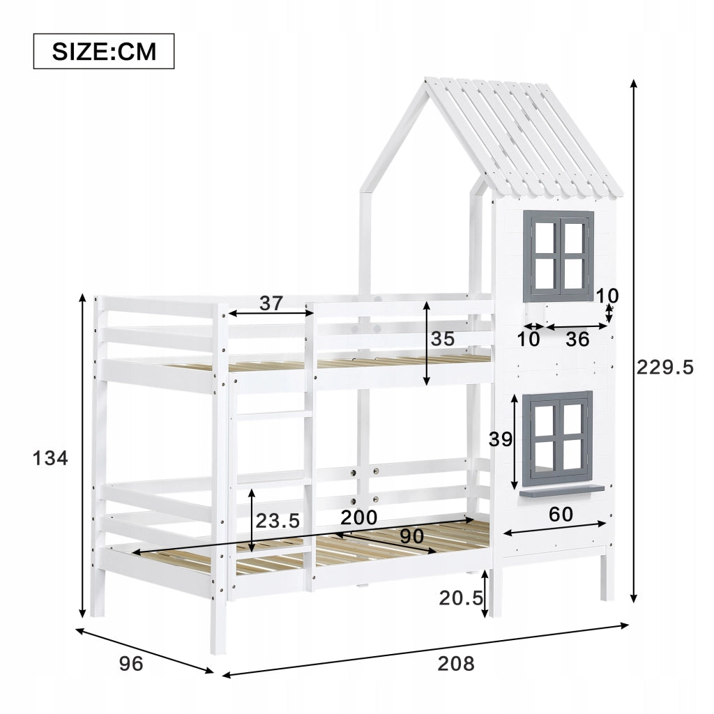 Letto a castello 90x200 - Xylo - Bianco con ringhiera e finestra