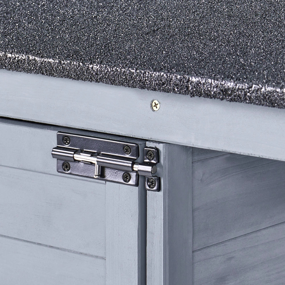Capanno da giardino per esterni in legno di abete con tetto in asfalto ripiani e porte con chiusura a scatto grigio