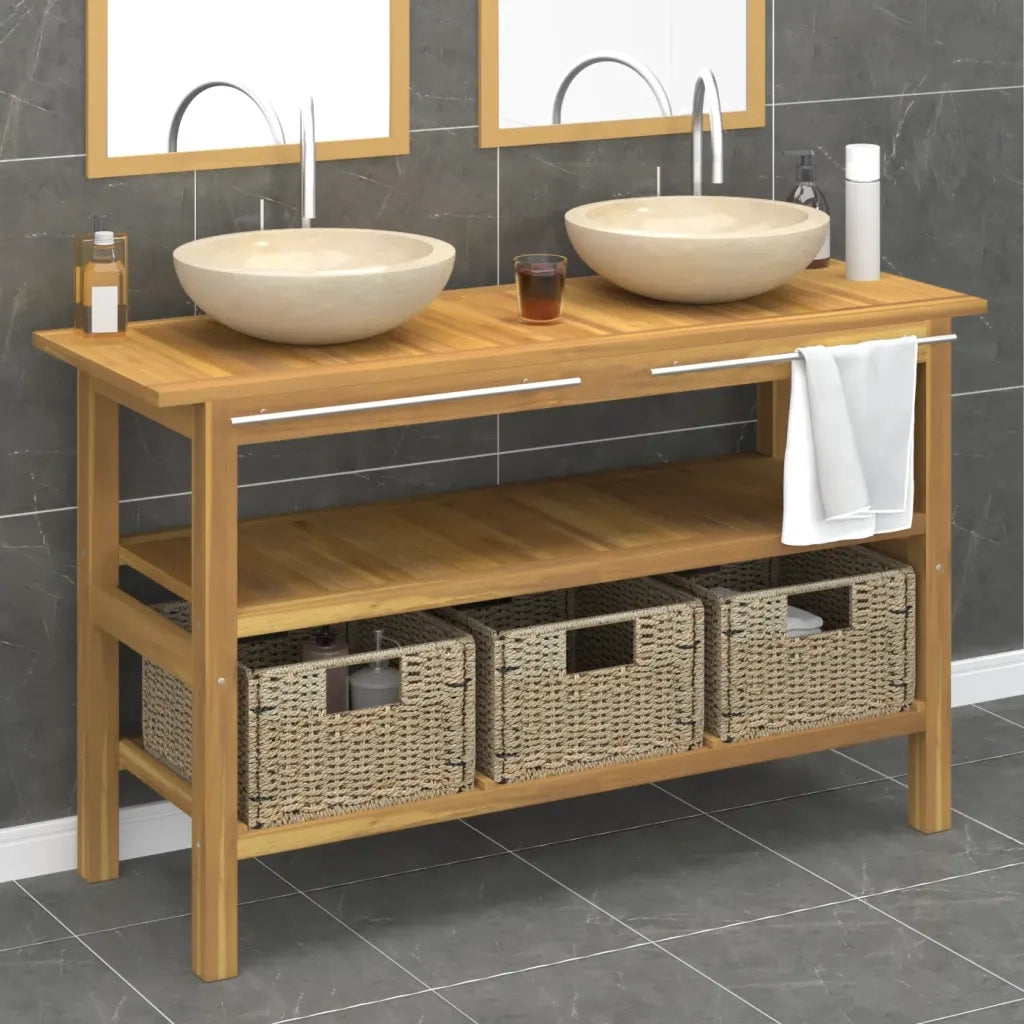 Mobile VanitÃ  Bagno e Lavandini Marmo Crema Legno Massello Teak