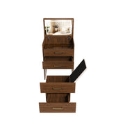 Toeletta con specchio apribile; 3 cassetti; vano contenitore e sgabello; per camera da letto; in MDF; noce; 60×40×118 cm